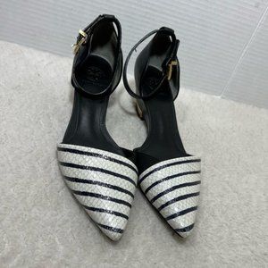 Tory Burch Womens 6M Ankle Strap Sandals Blue White Leather Striped Pointed Toe